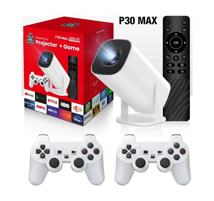 P30Max poartable android ratro gaming projector with 2 joysticks 64Gb TF & 35000 games