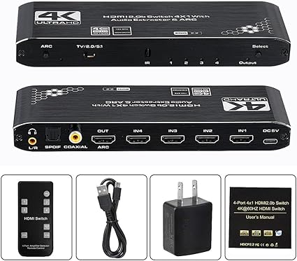 HDMI Switch 4×1 with Optical SPDIF/Coaxial/ 3.5mm L/R Audio Extractor, 4 in 1 Out 4K@60Hz HDMI Switcher Support HDMI 2.0b HDCP 2.2, ARC Function for Xbox, PS4,Blu-Ray Player (with Remote Control)