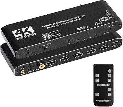 HDMI Switch 4×1 with Optical SPDIF/Coaxial/ 3.5mm L/R Audio Extractor, 4 in 1 Out 4K@60Hz HDMI Switcher Support HDMI 2.0b HDCP 2.2, ARC Function for Xbox, PS4,Blu-Ray Player (with Remote Control)