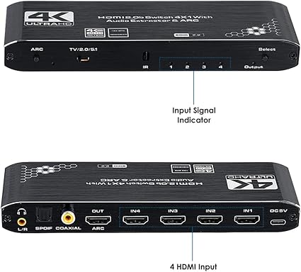 HDMI Switch 4×1 with Optical SPDIF/Coaxial/ 3.5mm L/R Audio Extractor, 4 in 1 Out 4K@60Hz HDMI Switcher Support HDMI 2.0b HDCP 2.2, ARC Function for Xbox, PS4,Blu-Ray Player (with Remote Control)